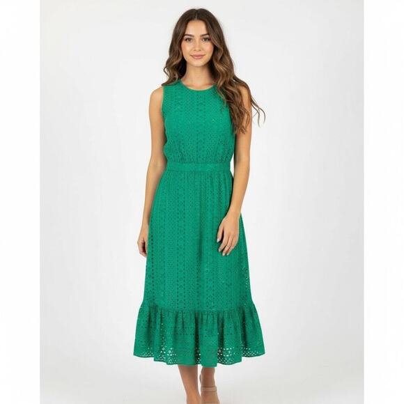 J.Crew Dresses & Skirts - J.Crew Emerald Green Eyelet Midi Dress Ruffle Hem Resort Summer 100% Cotton 6